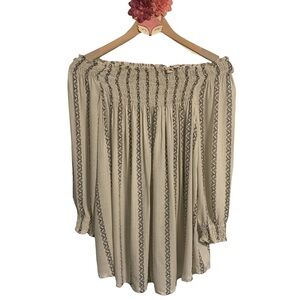 a.glow cream and black striped smocked elbow sleeve bohemian maternity top XS